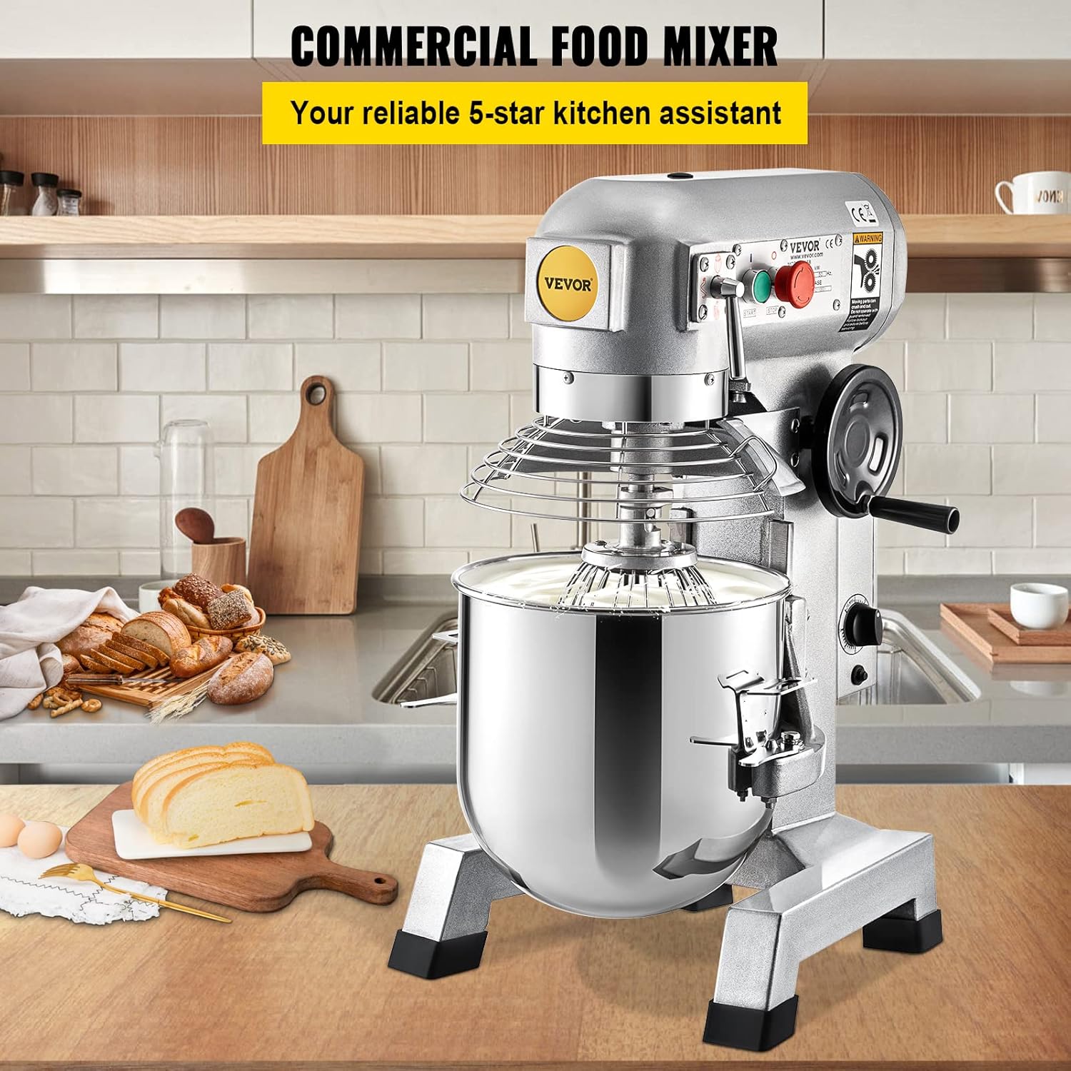 VEVOR Commercial Mixer, Commercial Food Mixer 10Qt Stainless Steel Bowl, 450W Commercial Stand Mixer with 3 Speeds Adjustable, Dough Hook Whisk Beater Included, Perfect for Bakery Pizzeria, Silver