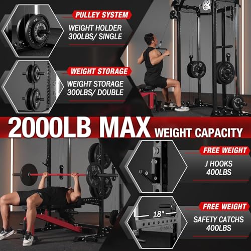 Mikolo Power Cage, 2000LB Power Rack with Independent Dual Pulley System, Multi-Function Home Gym Workout Machine for Cable Crossover