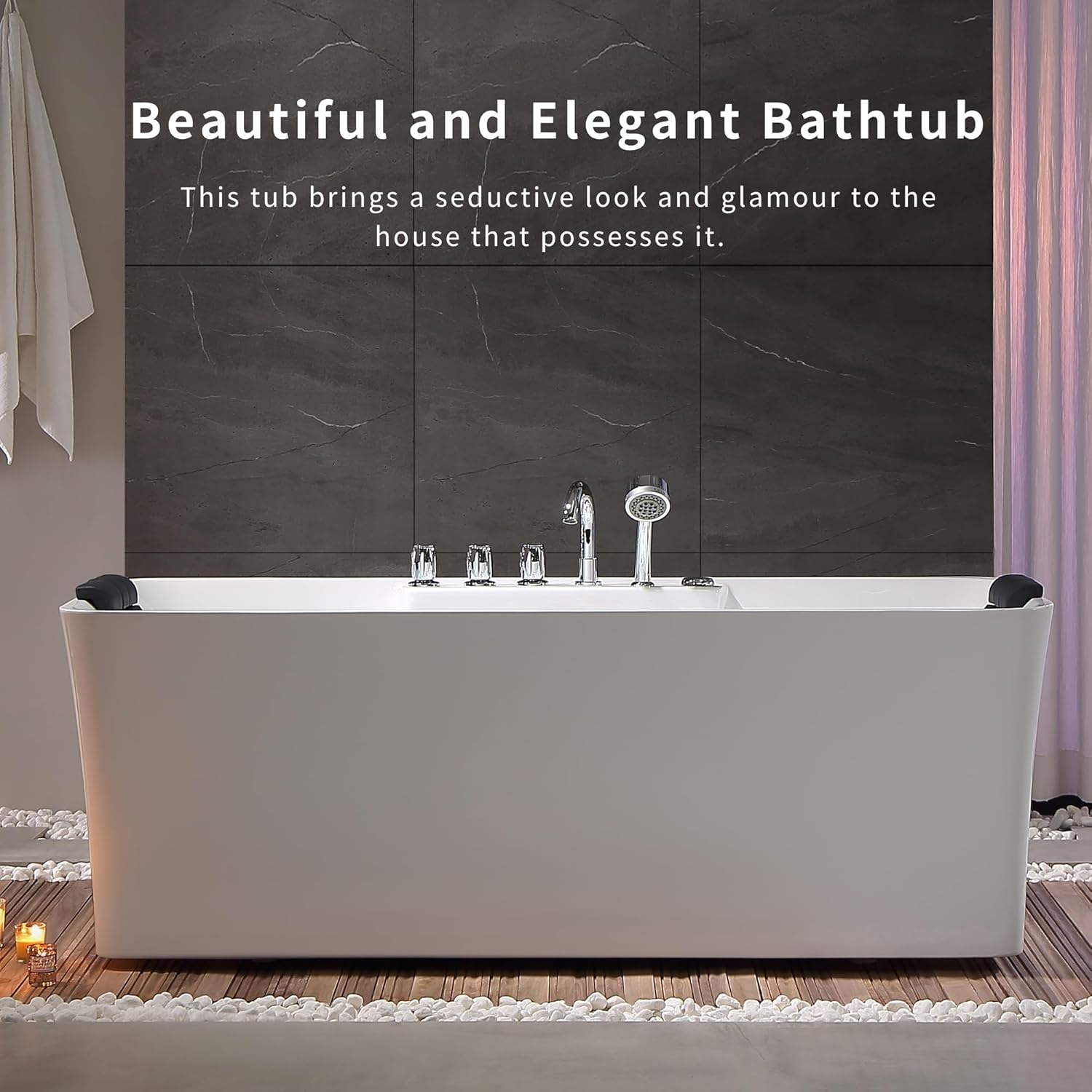 Empava 67 Inch Freestanding Whirlpool Bathtub with 8 Jets Luxury Acrylic Massage SPA Soaking Bath Tub Double Ended, White