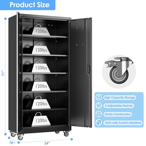 Aobabo Garage Storage Cabinet with Wheels,72" H Metal Storage Cabinet with 2 Doors and 4 Adjustable Shelves for Garage Home, Black,Required-Assembly