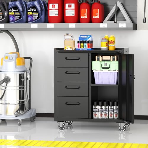 Metal Storage Cabinet with Wheels, Lockable Garage Cabinet with Doors and Shelves, Rolling Tool Storage, Assembly Required, Black