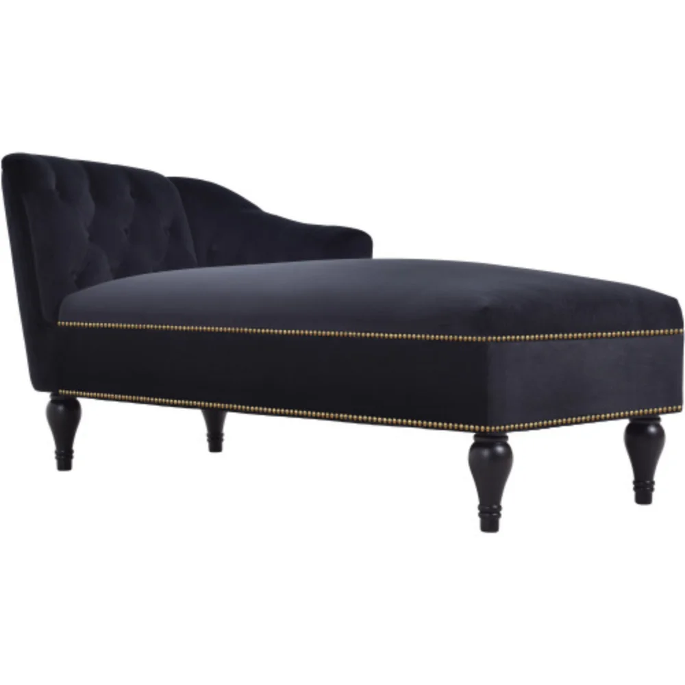 8" Velvet Chaise Lounge,Button Tufted Right Arm Facing Lounge Chair with Nailhead Trim & Solid Wood Legs for Living Room or Office, Sleeper Lounge Sofa (Black)