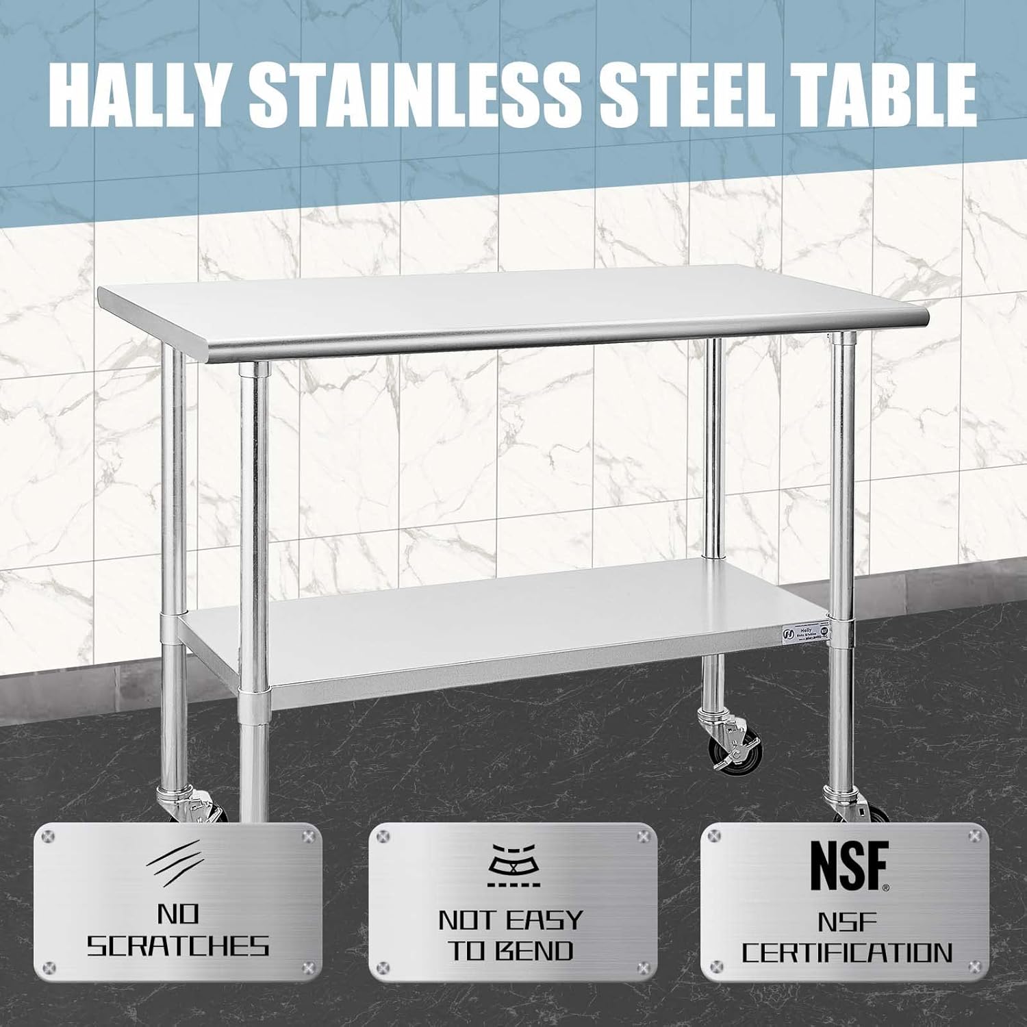Hally Stainless Steel Table for Prep & Work 24 x 36 Inches with Caster Wheels, NSF Commercial Heavy Duty Table with Undershelf and Galvanized Legs for Restaurant, Home and Hotel