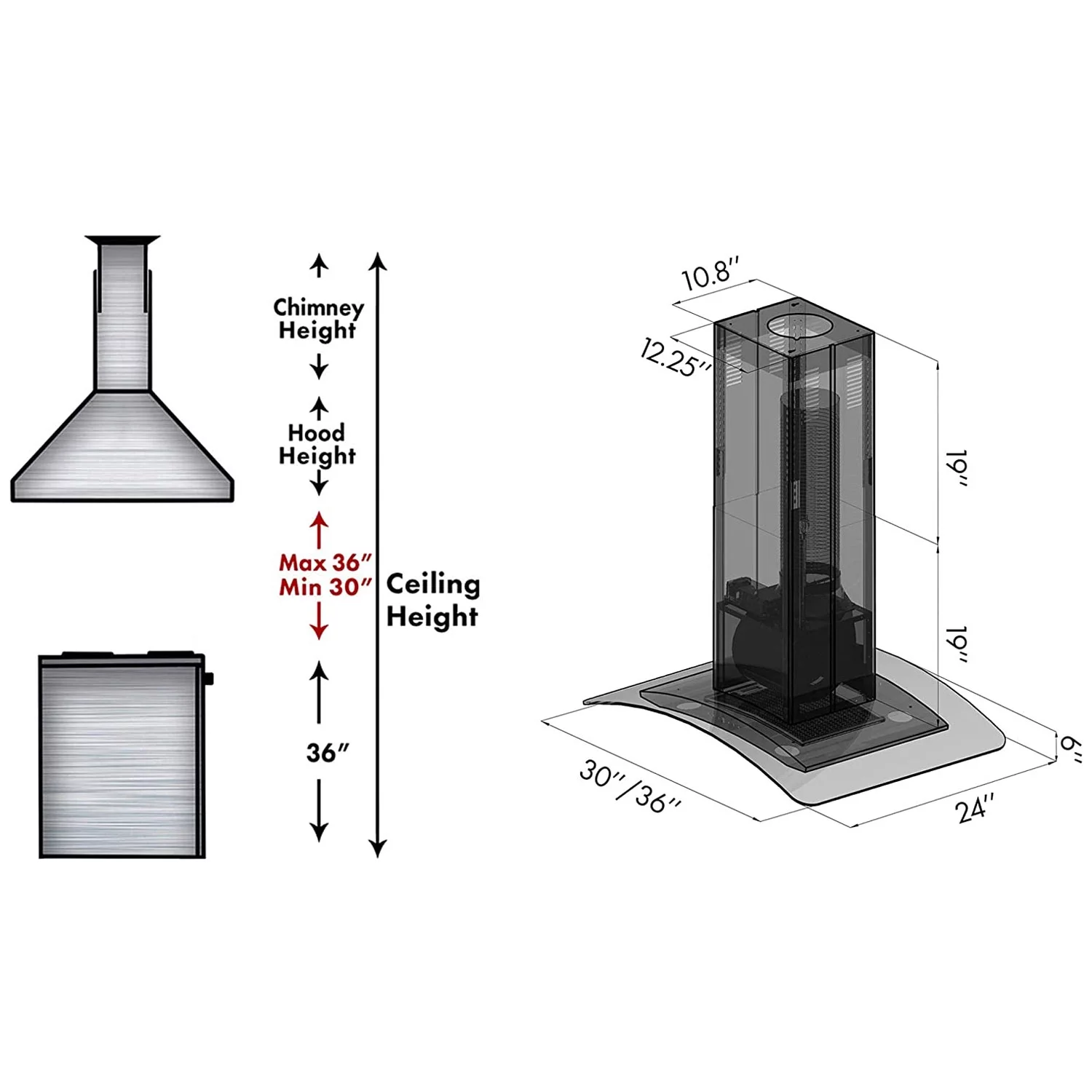 ZLINE 36" Island Ceiling Mount Range Hood w/ LED Lights, Stainless Steel & Glass