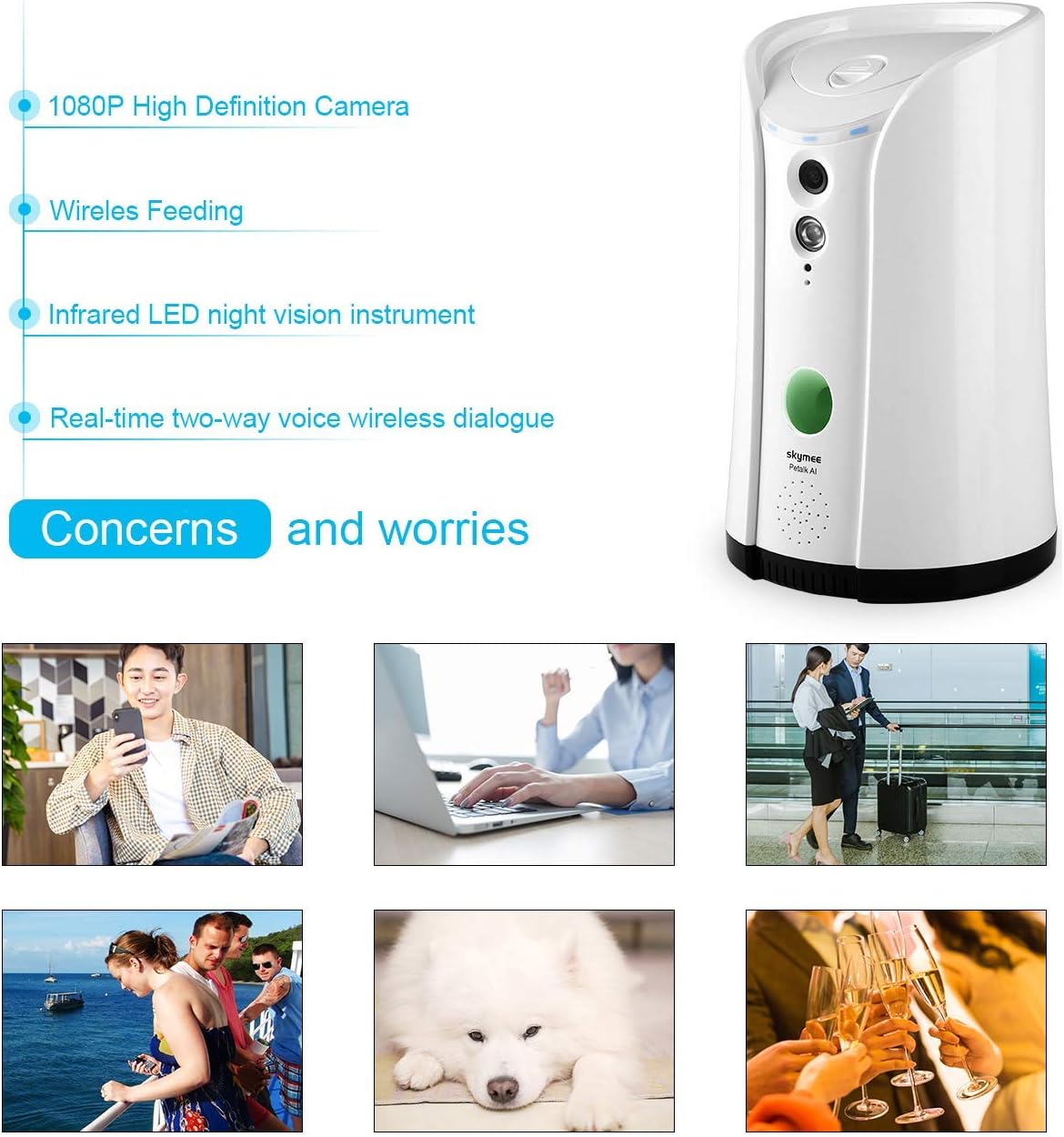 SKYMEE Petalk AI II Dog Camera Treat Dispenser, WiFi Remote Pet Camera with 180° PTZ and Night Vision, Compatible with Alexa