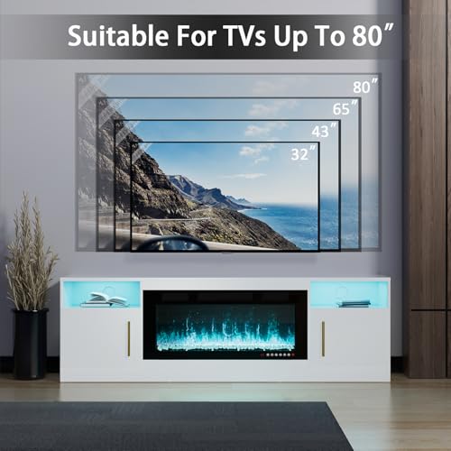 TV Stand with Fireplace, 36" Fireplace TV Stand LED Entertainment Center with Fireplace, 70 Inch Modern Electric Fireplace TV Stand for Living Room, Black TV Stand with Fireplace Up to 80" TVs