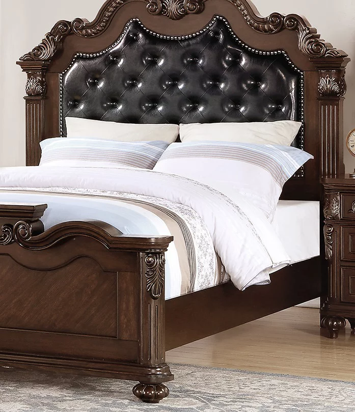 Luxurious 4pcs Bedroom Furniture Tufted HB Panel Eastern King Bed Dresser Mirror Nightstand Brown