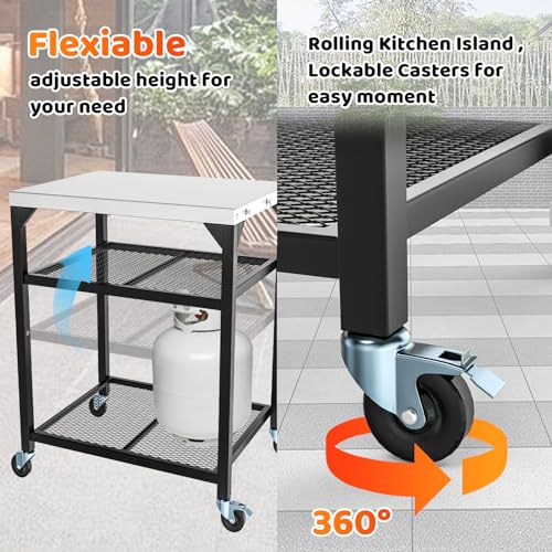 Outdoor Grill Table Cart Ninja Woodfire Outdoor Grill(OG700 Series),2024 Upgraded Thicken Double-Shelf Movable Pizza Oven Table, Stainless Kitchen Island, for Blackstone Griddle Stand Cart