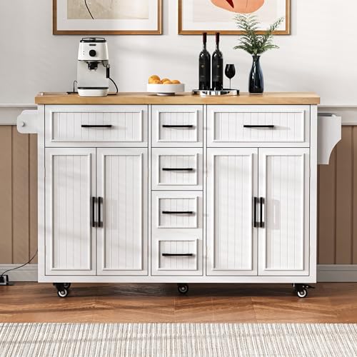 56.5" Rolling Kitchen Island with Storage on Wheels, Kitchen Cart with Drop Leaf & Power Outlet, Portable Island Table with 4 Doors, 5 Drawers, Spice Rack and Towel Bar for Dinning Room, Black