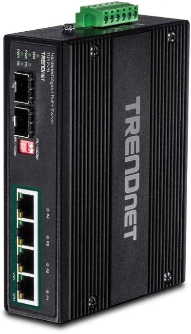 TRENDnet 6-Port Hardened Industrial Gigabit PoE+ DIN-Rail Switch, 4 x Gigabit PoE+ Ports, Shared Gigabit Port (RJ-45/SFP), Dedicated SFP, 120W Power Budget, IP30, Lifetime Protection, Black, TI-PG62