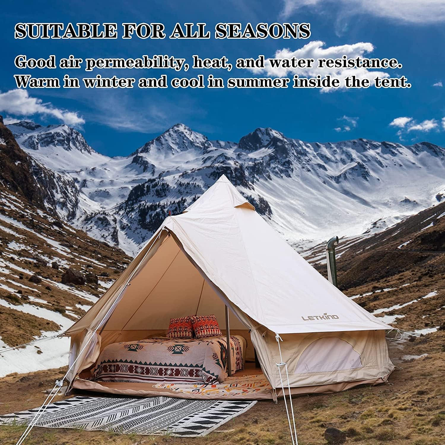 Canvas Bell Tent Yurt with Stove Jack, 4 Season Waterproof Camping Tent 4/6 Person Luxury Outdoor Glamping Tent for Camping, Cotton Tent Bell for Winter Camping, Hunting Party
