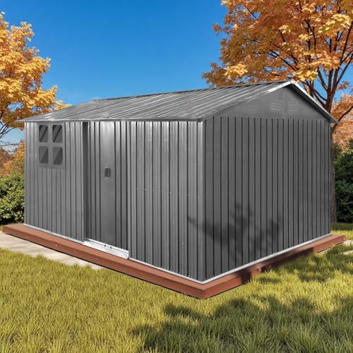 10' x 8' Large Outdoor Storage Shed, Sturdy Metal Building w/Windows & Lockable Doors for Garden, Backyard, Poolside and Lawn, Grey