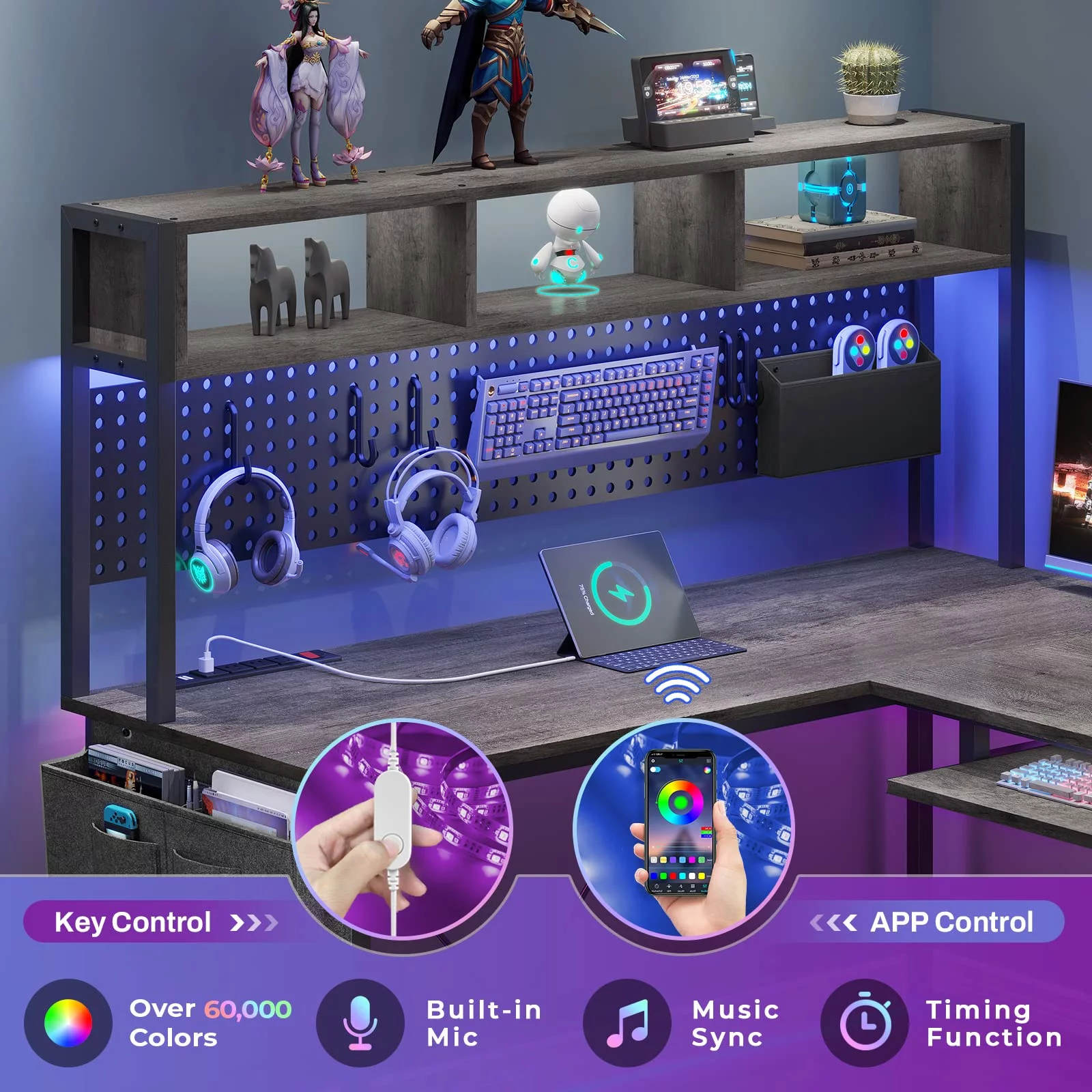 L Shaped Desk with Hutch, Long Home Office Desk with Power Outlet & Led Light,Computer Gaming Desk with Storage Shelves,Keyboard Tray,Hook,Grey