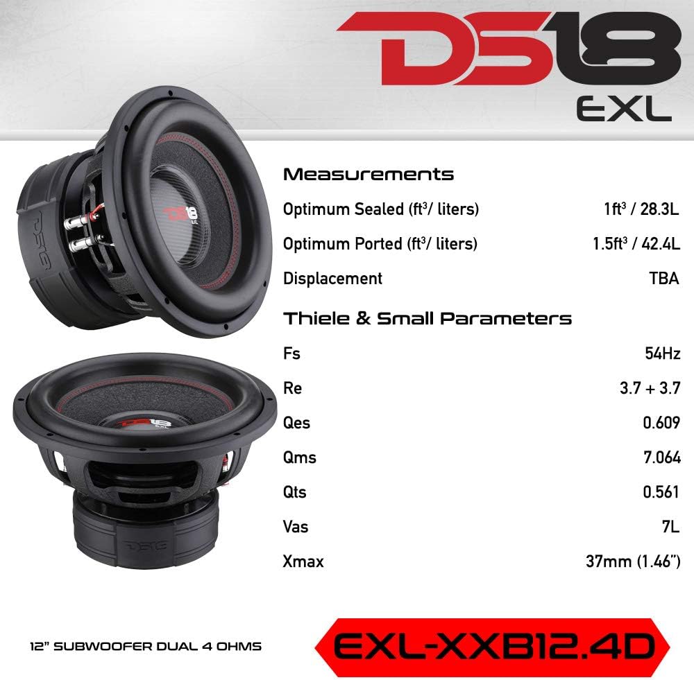 DS18 EXL-XX15.2D Subwoofer in Black - 15" Speaker, 4,000 Max Power, 2,000 RMS Power, Fiber Glass Dust Cap, Red Aluminum Frame, Dual Voice Coil 2+2 Ohm Impedance, Treated Rubber Edge (1 Speaker)