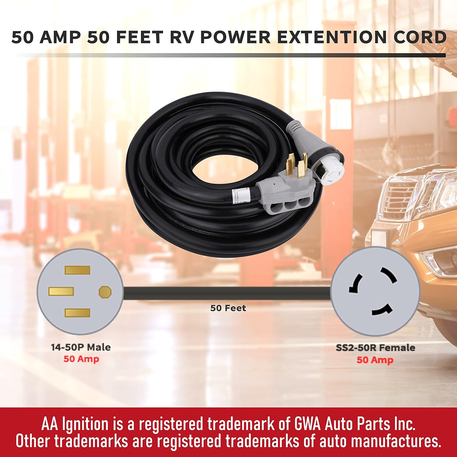 AA Ignition 50 Amp 50 Feet RV Power Extension Cord - NEMA 14-50P Male to NEMA SS2-50R Female - 125V/250V Power Supply Cable with Molded Connector and Twist Lock - Camper, Trailers, Motorhome, Caravan