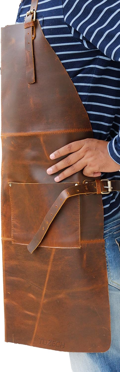 Tuzech Durable Leather Apron Utility/Tool Pockets/Adjustable/Chef/Butcher/Metalworker/Carpenter/Blacksmith/Heavy Duty, Handmade Adjustable Tool Apron - 30.5x23.5 Inches (Double Pocket)