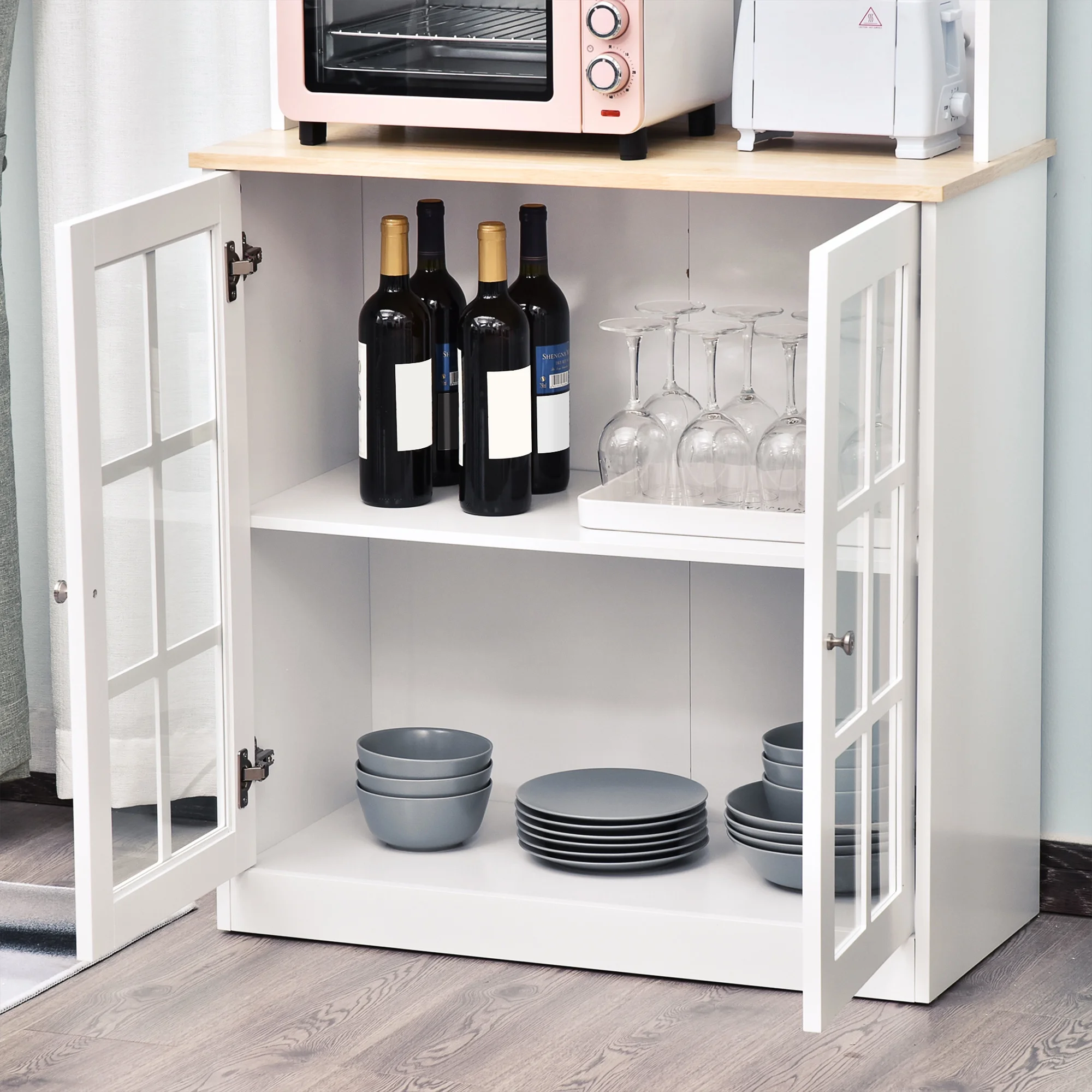 Homcom Kitchen Buffet with Hutch, Storage Pantry with 2 Cabinets, White