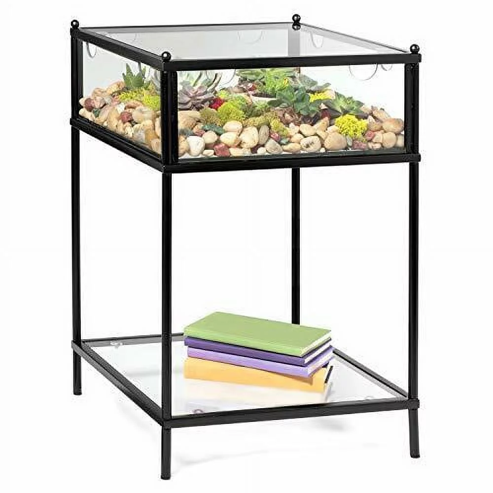 Square Terrarium Display End Table with Reinforced Glass in Black Iron- 18" L x 18" W x 27" H- Great Indoor Decor for Home or Office- DIY Garden for Fern Moss Succulents- Great