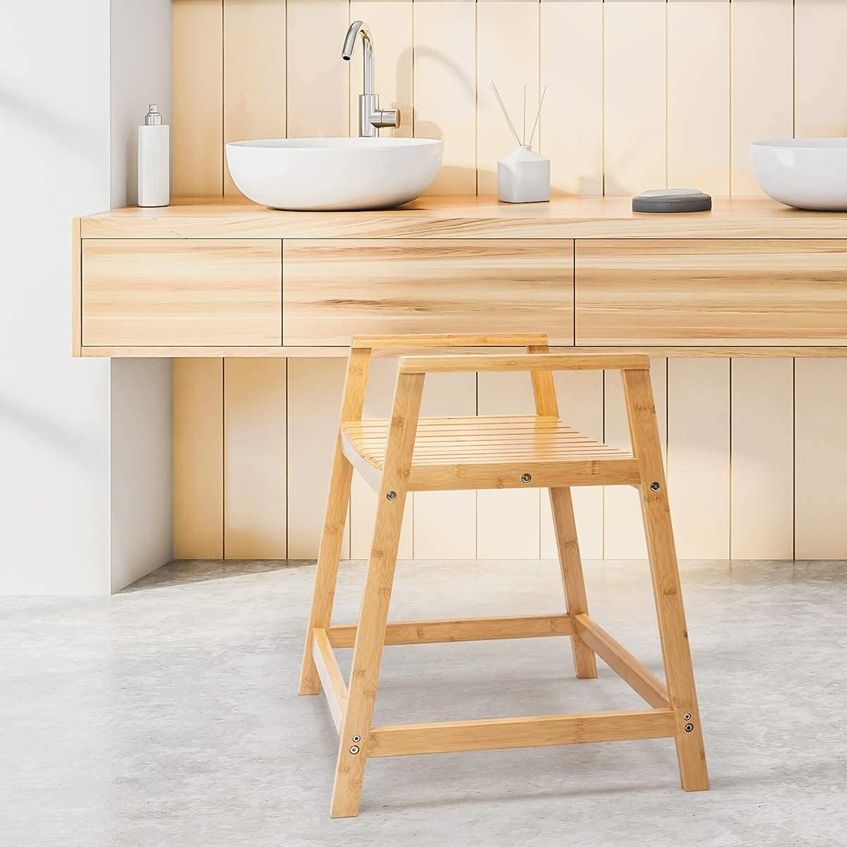 OasisSpace Bamboo Shower Bench - Waterproof Shower Chair Seat Stool with Arms, Wooden Spa Bath Organizer Seat, Perfect for Indoor or Outdoor