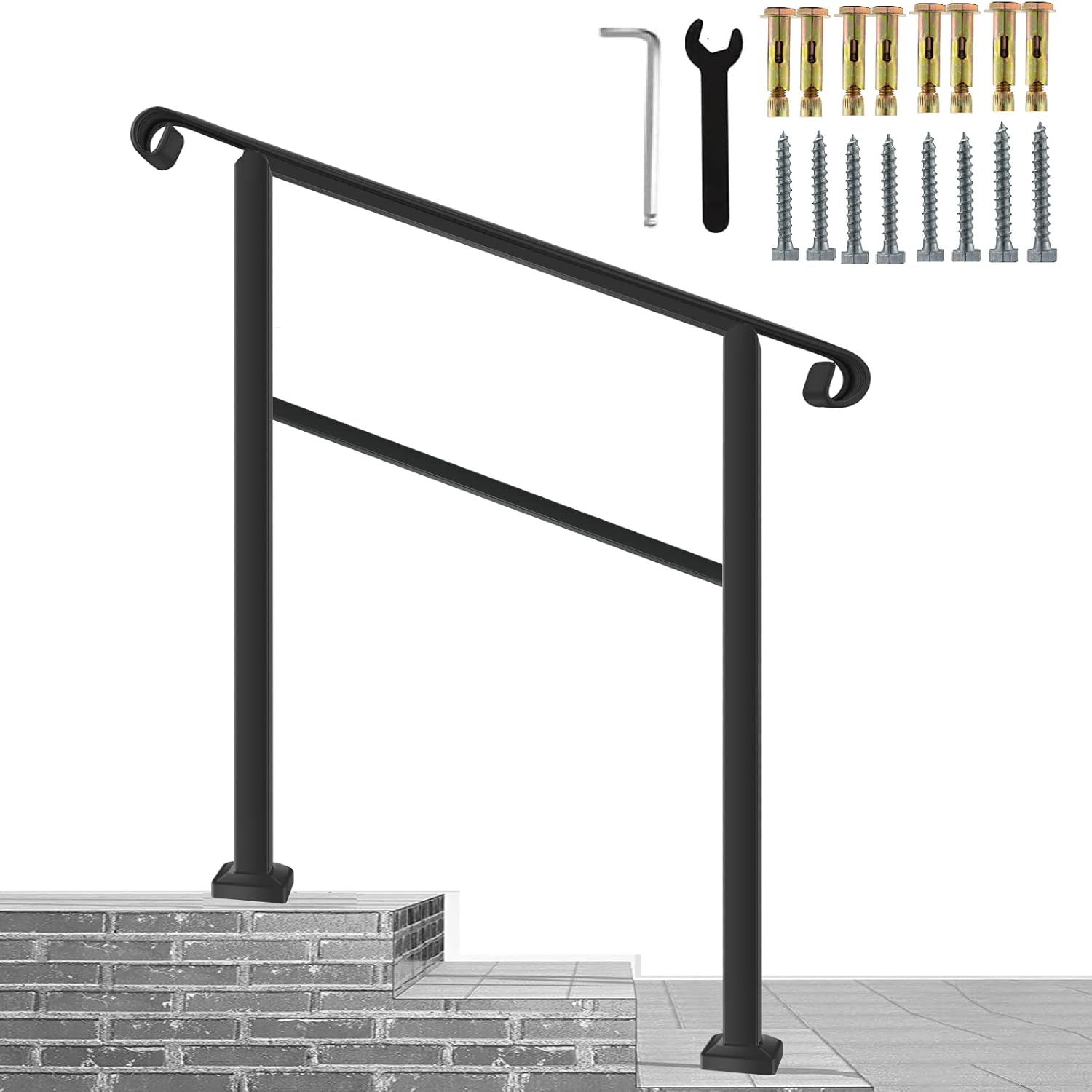 SCARIUOutdoor Stair Railing, Fit 1 or 3 Steps Handrails for Outdoor Steps, Black Wrought Iron Handrail, Flexible Front Porch Hand Rail, Transitional Handrails for Concrete Steps or Wooden Stairs