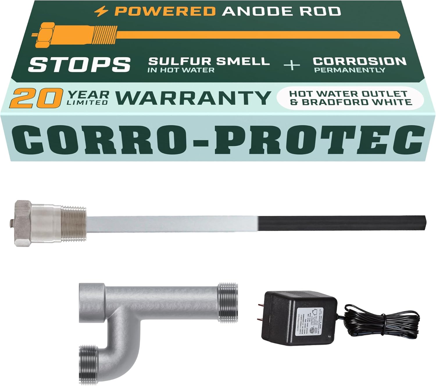 Powered Anode Rod for Bradford White Water Heater and Hot Water Outlet Installation, Eliminates Rotten Egg/Sulfur Smell within 24 hours and Stops Corrosion Inside Tank, 20-Year Warranty