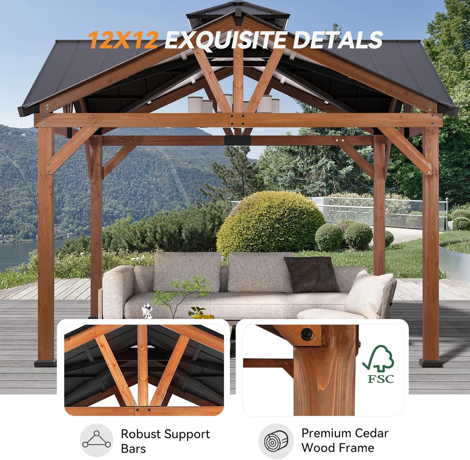 Modern Shade Wood Gazebo 12’x12’, Heavy Duty Hardtop Gazebo with Steel Roof, Water Resistant, Wind Resistant, Perfect for Your Permanent Outdoor Pavilion, Solid Wood Framed Gazebo, Cedar Gazebo