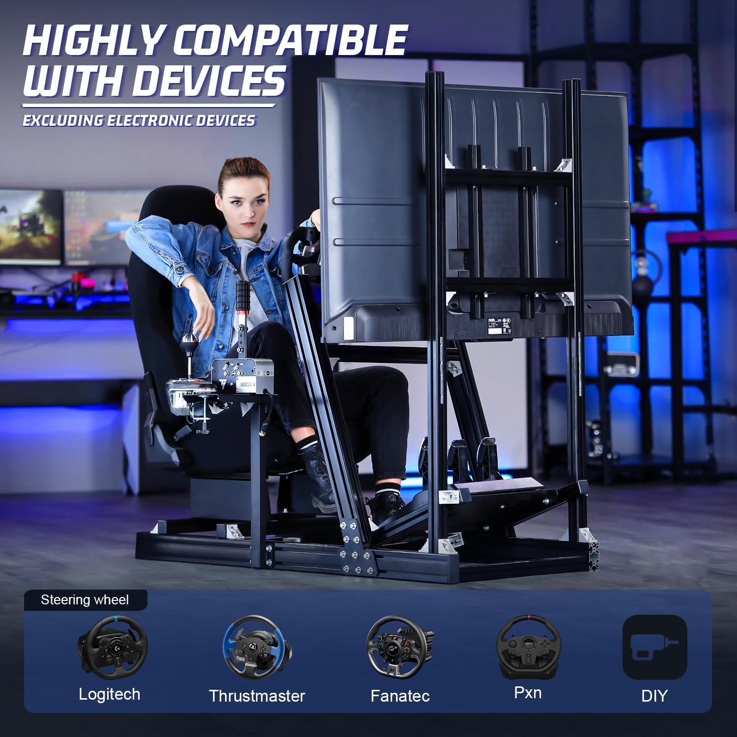 Marada Racing Simulator Cockpit with Monitor Stand Fit for Thrustmaster/PXN/Logitech/FANTEC G923 G920 T500 T3PA TGT,Stable& Strong Driving Cockpit with Black Seat,Not Included Wheel and Pedal