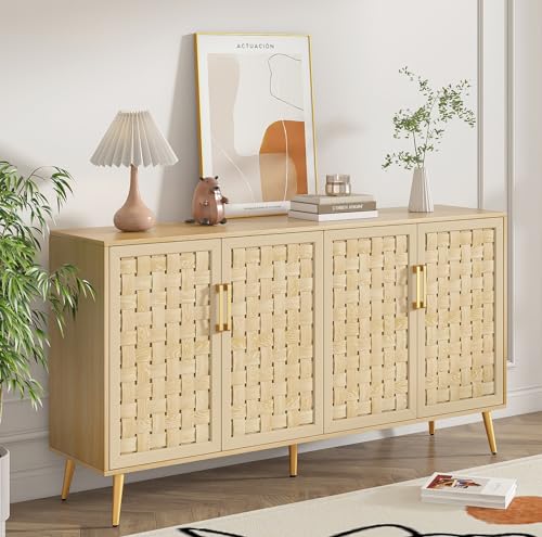 4 Door Rattan Storage Cabinet,Buffet Cabinet with Storage,Characteristic Cabinet w/Metal Legs and Handles,Cupboard Console Table,Sideboard Cabinet for Hallway,Entry, Living Room (Natural)