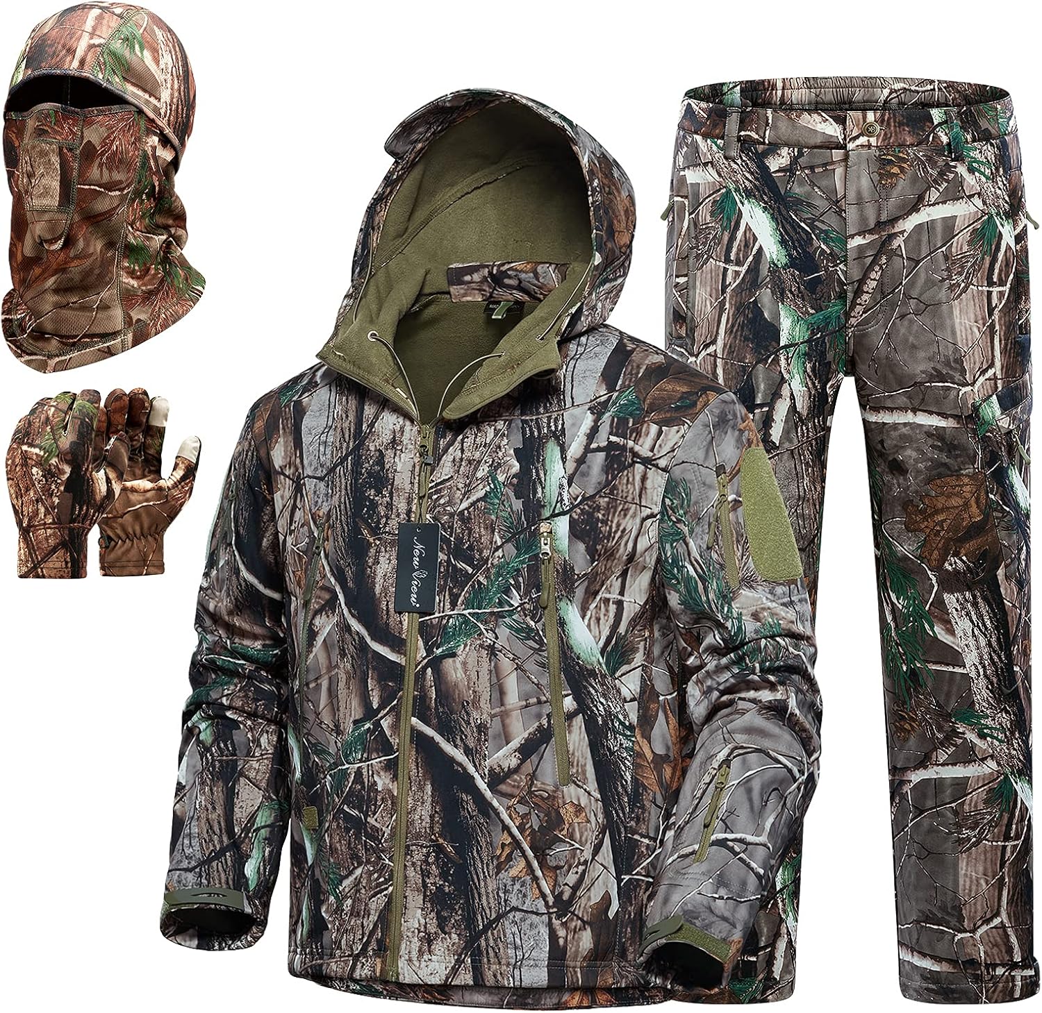 New View Quiet Hunting Clothes for Men, Camo Hunting Jacket and Pants, Water Resistant and Insulated