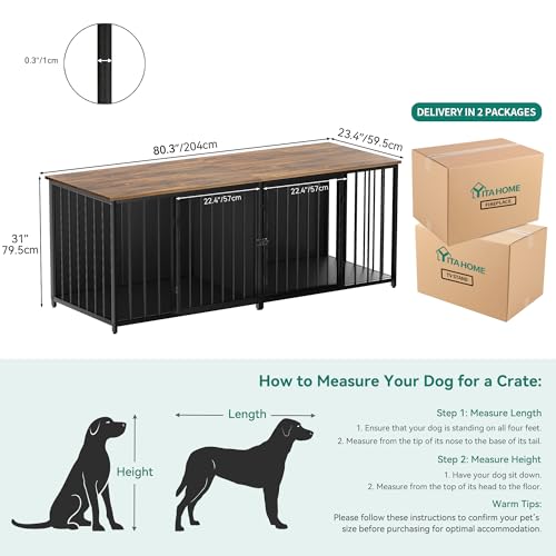 DWVO Double Dog Kennel Furniture, 80.2" Dog Cage Furniture with Divider, Double Dog Crate TV Stand for 2 Medium Dogs, Black