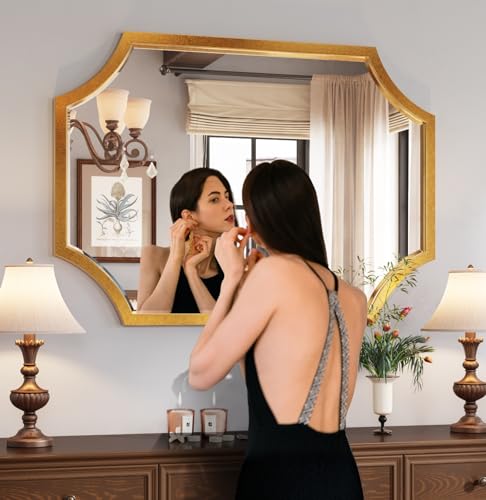Kelly Miller 30"x40" Large Gold Bathroom Mirror for Wall, Gold Scalloped Vanity Mirror Bevelled Framed Decorative Mirror for Master Bath Half Bath Entrance Hallway Bedroom Living Room Fireplace Mantle
