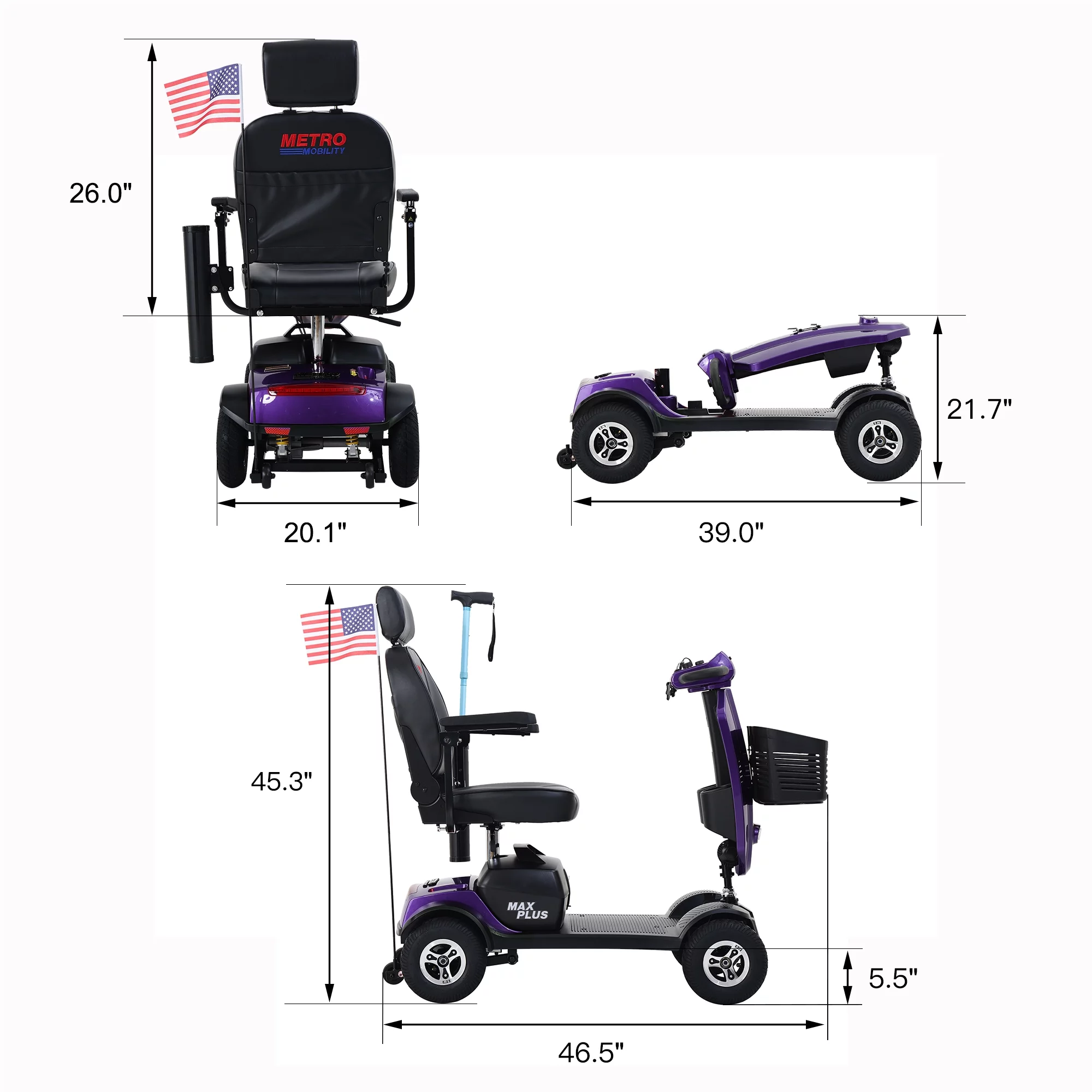 Metro Mobility Senior Scooter Folding Scooter 4 Wheel Scooter with USB Port Purple
