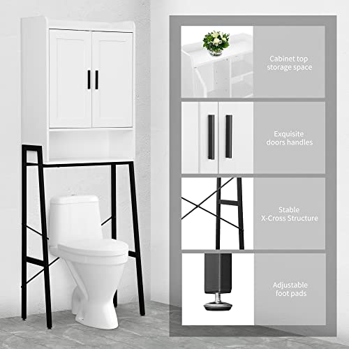 Over The Toilet Storage Cabinet, Wooden Space-Saving Bathroom Organizer Shelf Over Toilet Storage Rack with Double Door and Adjustable Feet