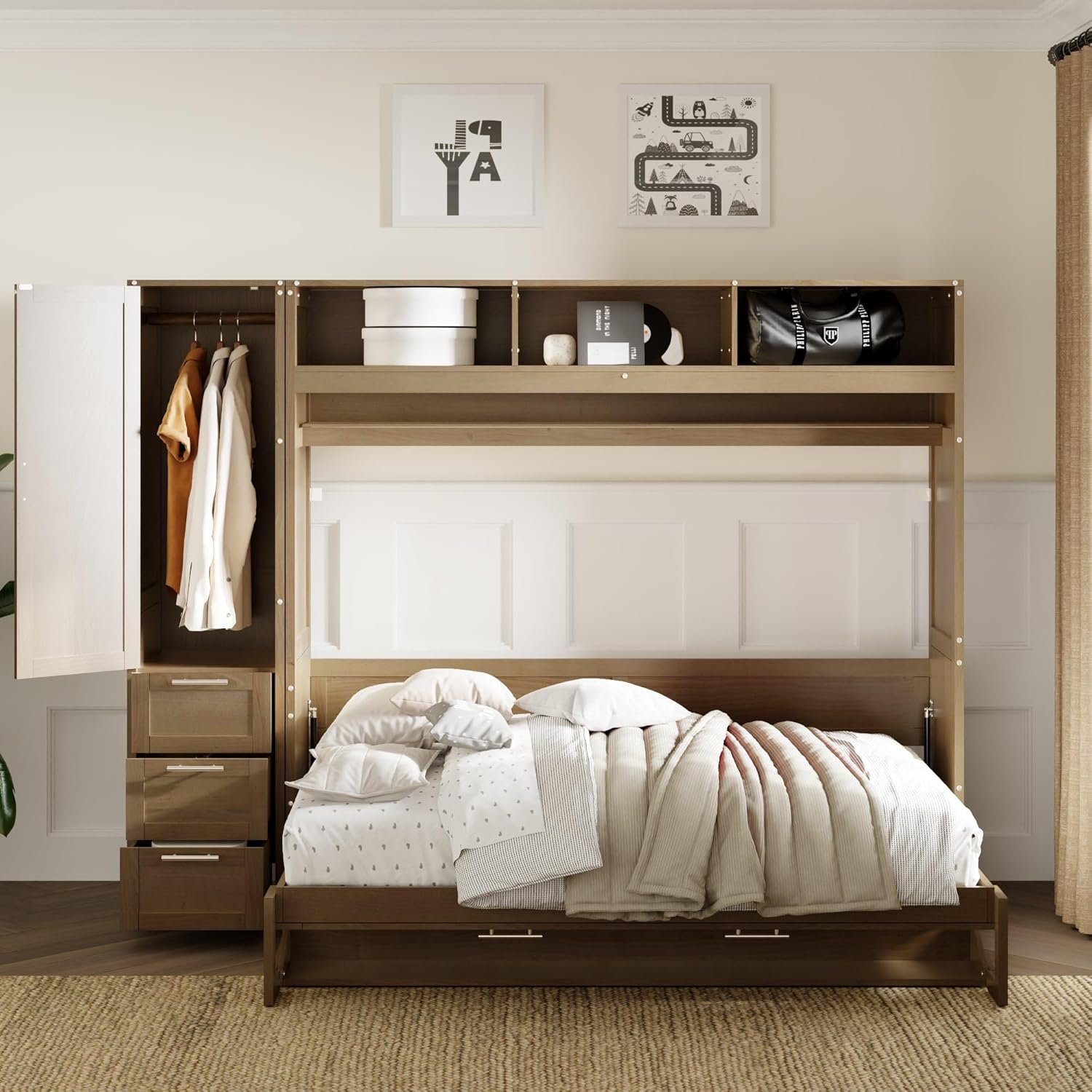 Merax Full Size Murphy Bed Frame Wallbed with Wardrobe,3 Drawers and Open Shelves,Space-Saving Design