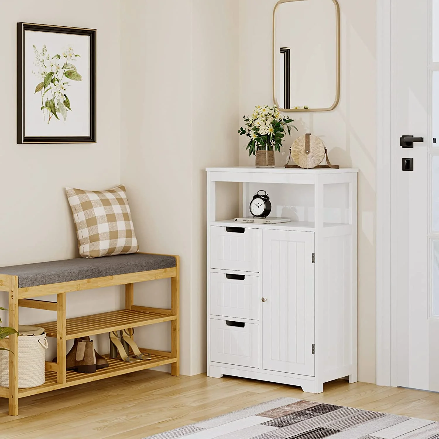 Bathroom Floor Cabinet, Free Standing Storage Cabinet with 3 Drawers and 1 Door & Adjustable Shelf, Modern Entryway Cupboard for Home Office, White