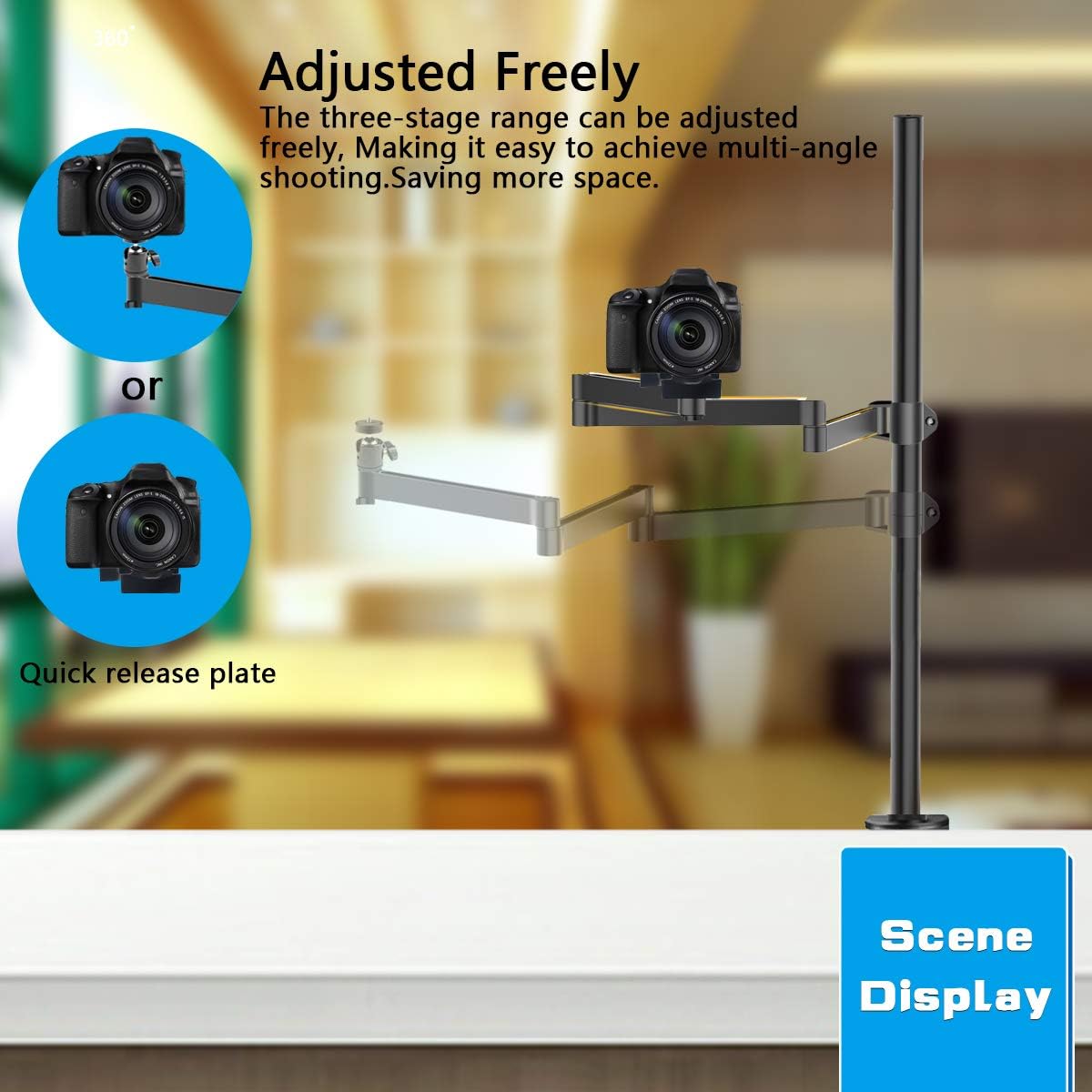 Heavy Desktop Overhead Camera Mount Rig Stand, Top Down DSLR Photography Holder with Flexible Arm and 360° Ball Head, Adjustable Height and Length for Ring Light/Video Camera/Webcam/Panel Light