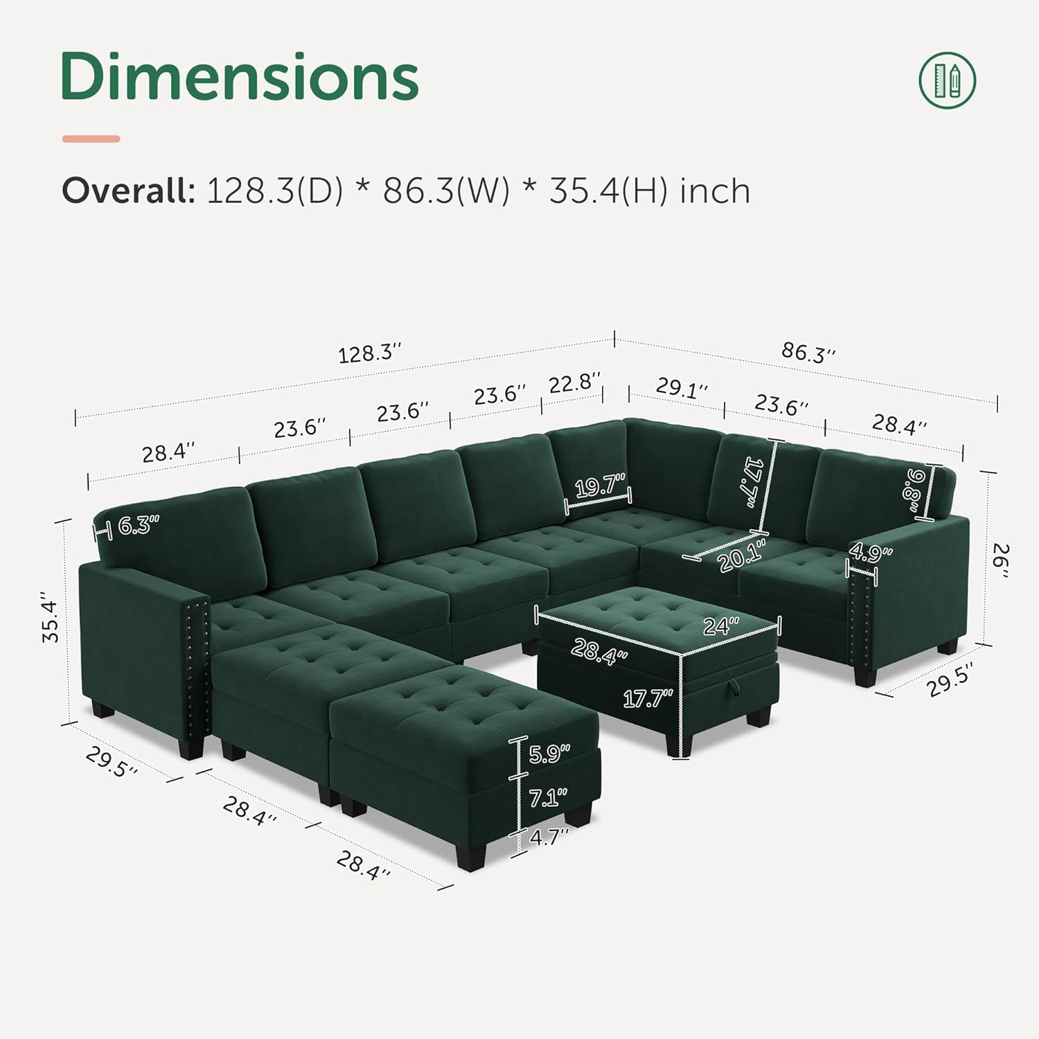 HONBAY Oversized Sectional Sofa, Convertible Modern Sectional Couch Velvet U Shaped Sofa Couch with Storage Ottoman Top Tray Sofa with Chaise, Green