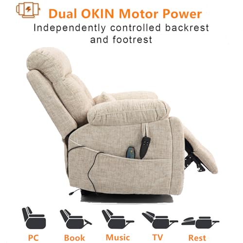 Light Grey Recliner Chair for Elderly | Tall and Big Man 400lbs | Chenille | Power Lift, Lay Flat, Stand Up, Wireless Charging Device, Extended Footrest, Massage Heat, Cup Holder, Lumbar Pillow