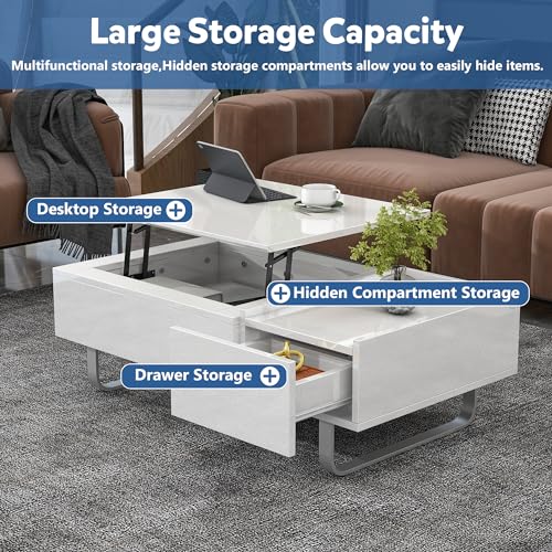Lift Top Coffee Table with Storage & Hidden Compartment, Extendable Coffee Table with Drawer, Retro Center Table, UV High-Gloss Cocktail Table for Living Room (Black)