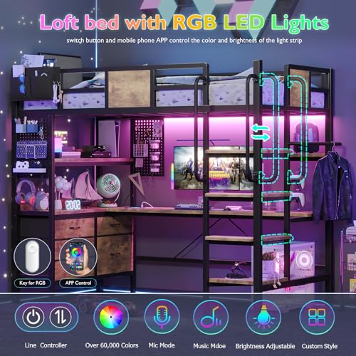 Loft Bed Twin Size, Twin Loft Bed with Desk, Metal Bunk Bed with Desk Underneath and LED Lights & Charging Station, L-Shaped Desk and Storage,5 Drawer&2 Pegboards, Safety Guard Ladder, Brown