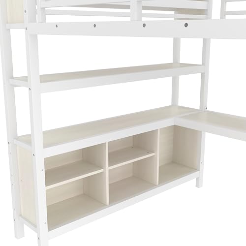 Linique Metal Loft Bed with Wardrobe & L-Shaped Desk - Sturdy Space-Saving Loft Bed Includes Storage Cubes, Shelves for Kids, Teens, Adults (White, Queen)