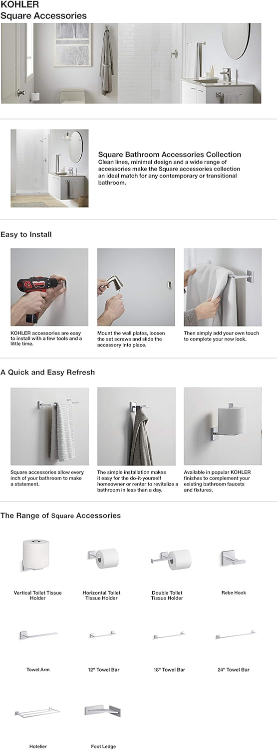Kohler K-23296-BN Square Grab Bar, Vibrant Brushed Nickel