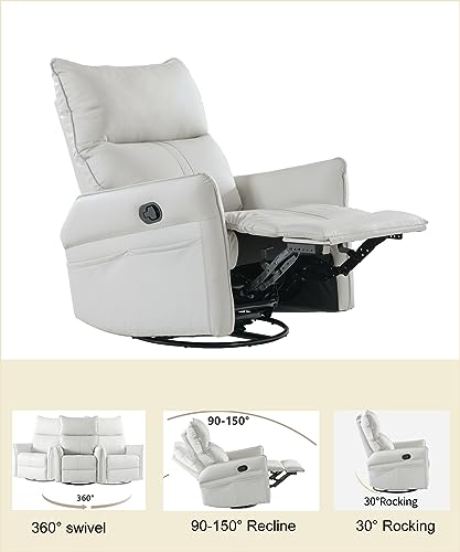 Swivel Rocker Recliner, Leather Rocker Recliner with 360 Degree Swivel & Reclining Function, Glider Recliner Nursery Chair with Adjustable Footrest and Pocket, Recliners for Small Spaces