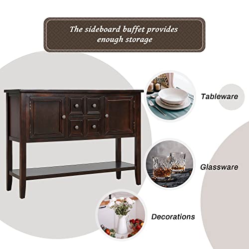 LOVMOR Cambridge Series Buffet Sideboard Console 2 Cabinets 4 Storage Drawers and Open Bottom Shelf, Couch Sofa Table for Living Room Apartment Hallway Entryway, Espresso