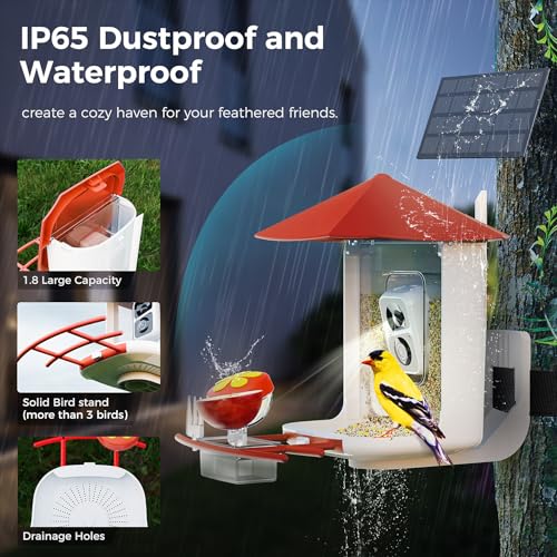 Smart Bird Feeder with Camera,Wireless Wild Bird Feeders, 160° Wide View Auto Capture Bird Videos & Motion Detection,AI Identify, DIY Add-ons & Hummingbird Feeder,Gift for Bird Lover