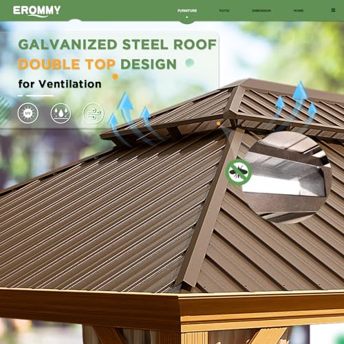 EROMMY 14'x20' Hardtop Gazebo Double Roof Galvanized Steel Canopy Outdoor Aluminum Frame Permanent Metal Pavilion with Netting and Curtains for Patio Backyard Deck and Lawns