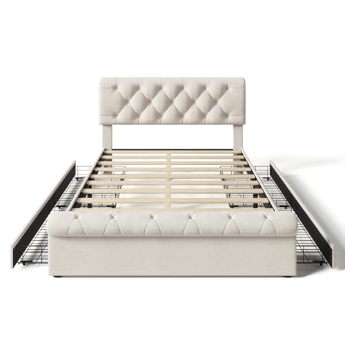 Bellemave Full Size Upholstered Bed Frame with 4 Drawers and Adjustable Headboard, Linen Platform Bed with Mattress Foundation Strong Wooden Slats Support, No Box Spring Needed, Beige