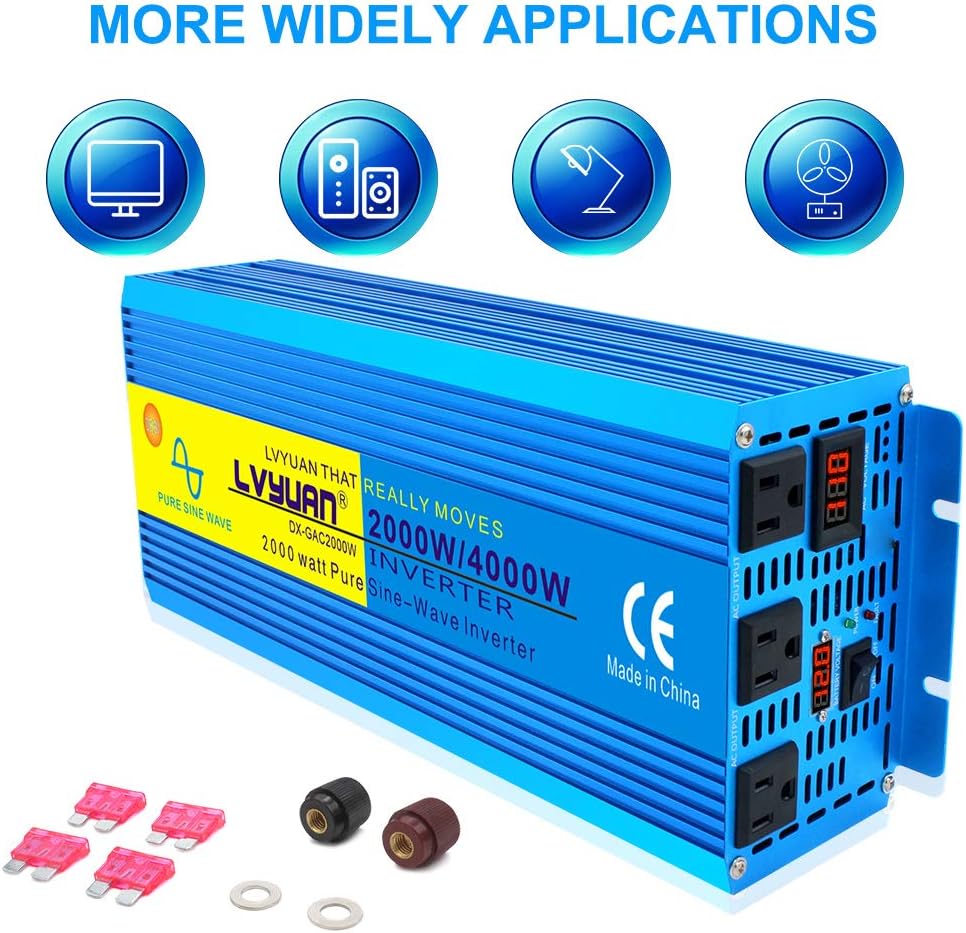 LVYUAN Pure Sine Wave Inverter 3000 Watt Inverter 12V to 110V DC to AC with Remote Controller, LCD Display 4 AC Sockets and 4 USB Ports for Car Truck Solar Power (3000W with Remote Controller)