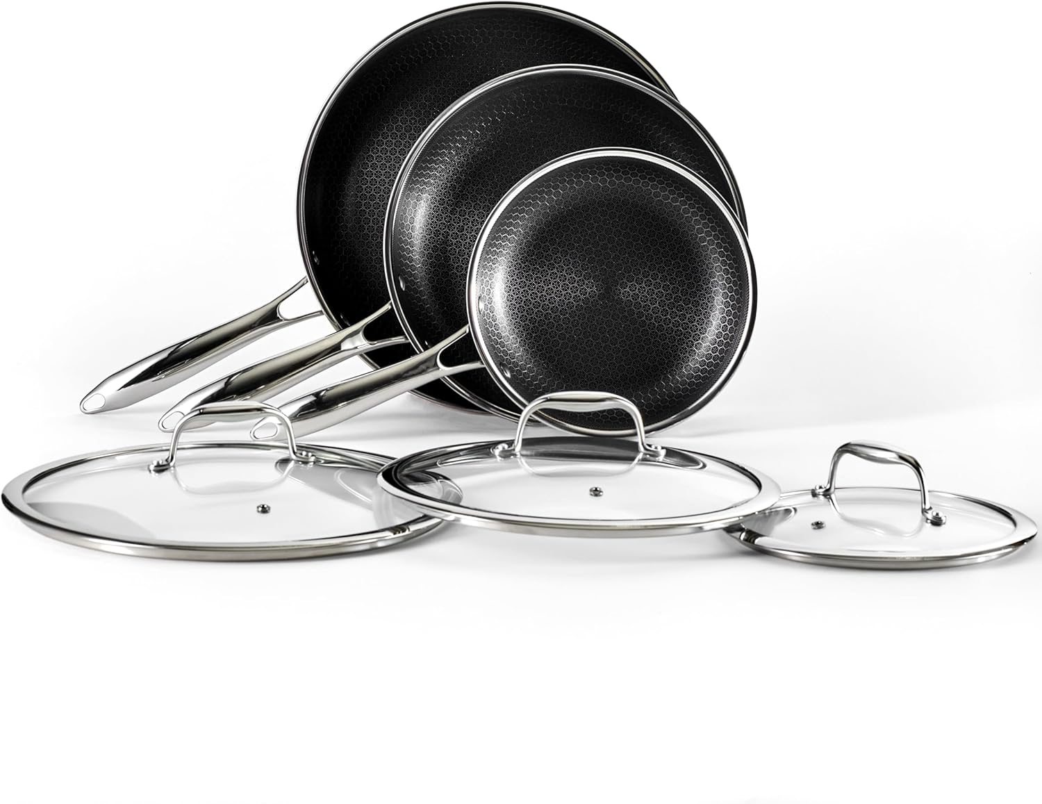 HexClad 7 Piece Hybrid Stainless Steel Cookware Set - 6 Pc Pan Set with Lids and 10 Inch Wok, Stay Cool Handle, Dishwasher and Oven Safe, Non-Stick