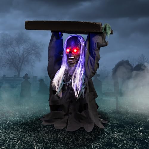 Haunted Hill Farm Life-Size 2.9-Ft Animatronic Gravely Granny by Tekky Halloween Decoration with Motion-Activated Sounds